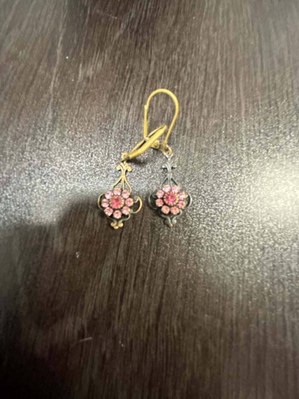 Vintage Style Antique Brass Pink Rhinestone Flower Dangle Earrings